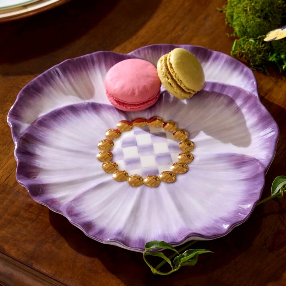 NEW Mackenzie-Childs Pansy Party Ceramic Dessert Plate Set of 4 in Original Box - Picture 3 of 5